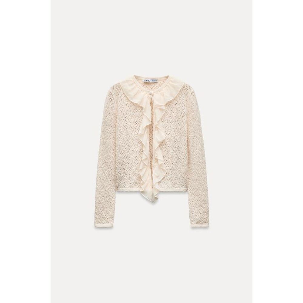 Cream Zara Ruffle Trim Pointelle Stitch Long Sleeve Knit Cardigan Sweater, NWT